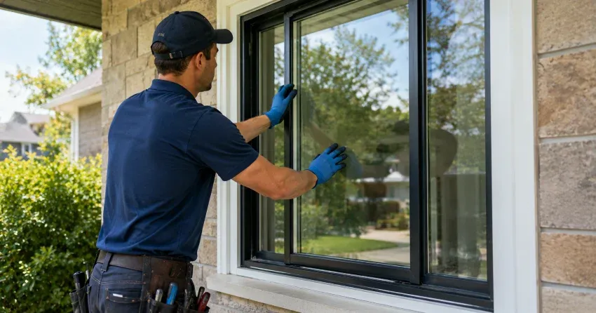 technician measuring a broken window pane for replacement in Donevan, Oshawa