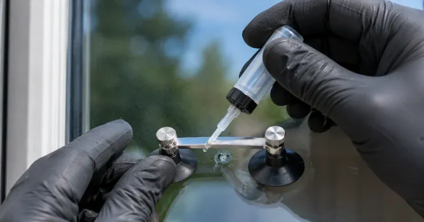 technician performing chipped glass repair on a window in Lakeview, Oshawa