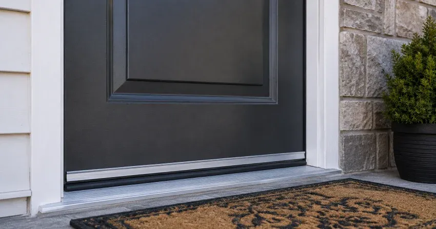 technician replacing worn door weatherstripping in Windfields, Oshawa home