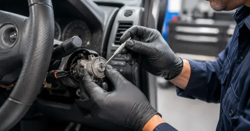 technician diagnosing an ignition lock repair issue in Pinecrest, Oshawa