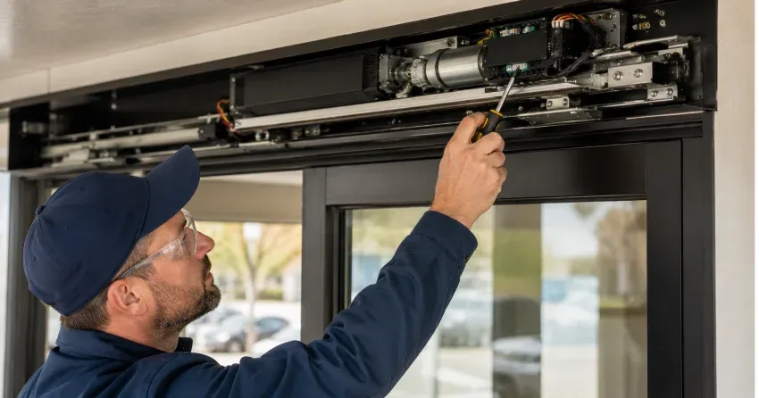 technician completing automatic door repair on residential property in Windfields, Oshawa