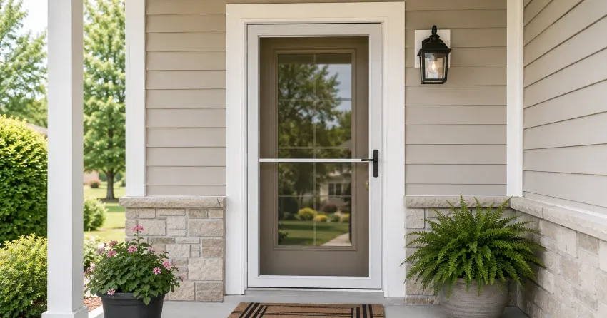 technician hanging storm door square and plumb in Northwood, Oshawa