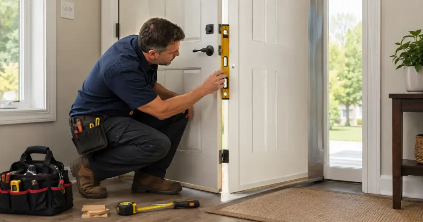 technician diagnosing a misaligned door frame in Farewell, Oshawa