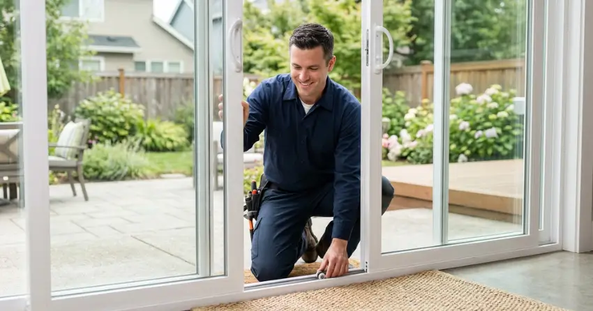 technician diagnosing a sticking patio door in Lakeview, Oshawa