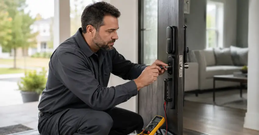 technician diagnosing automatic door lock mechanism on residential door in Windfields, Oshawa