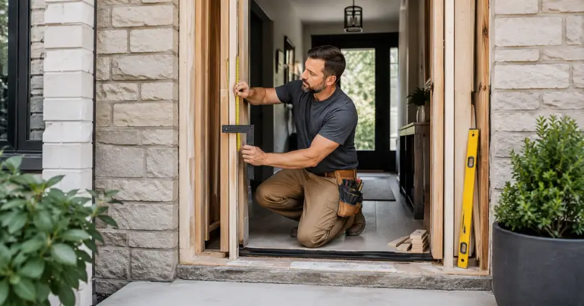exterior door installer assessing rough opening in Northwood, Oshawa
