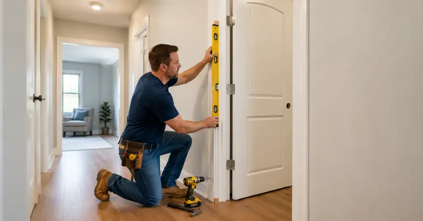 technician installing a pre-hung interior door in a home hallway Windfields, Oshawa