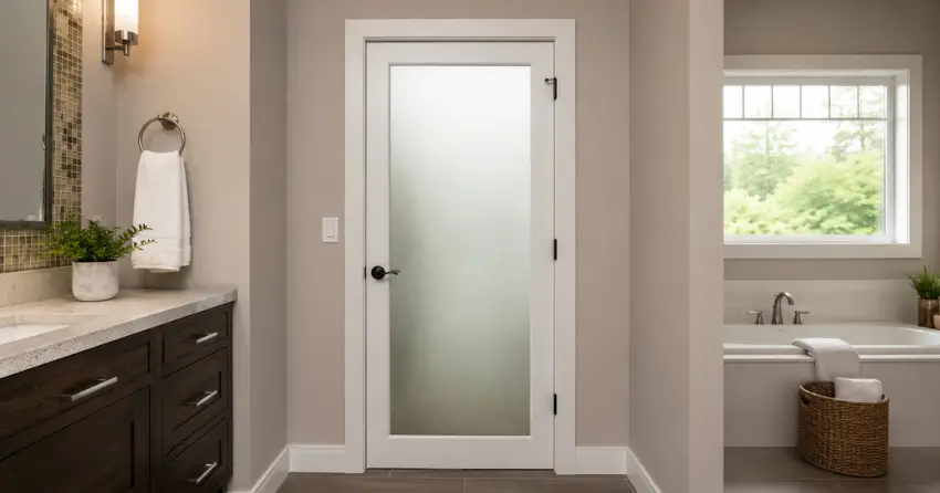 frosted glass panel bathroom door installed in a Beaton, Oshawa home