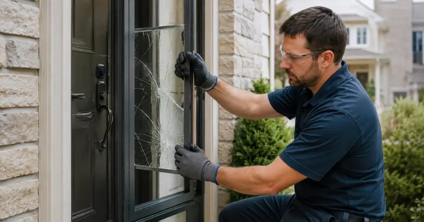 technician removing cracked storm door glass panel in Downtown Oshawa, Oshawa