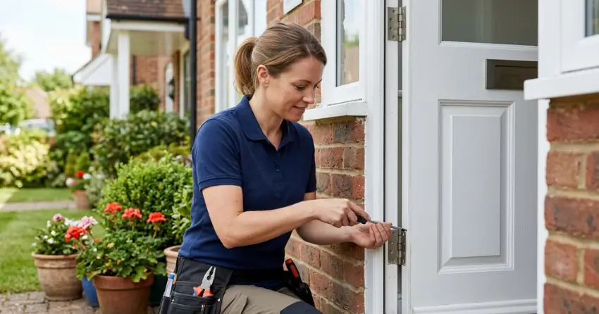 technician repairing exterior door hinge and frame in McLaughlin, Oshawa