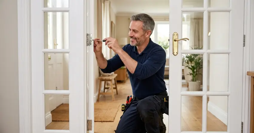 technician adjusting French door hinge for proper alignment in Northglen, Oshawa