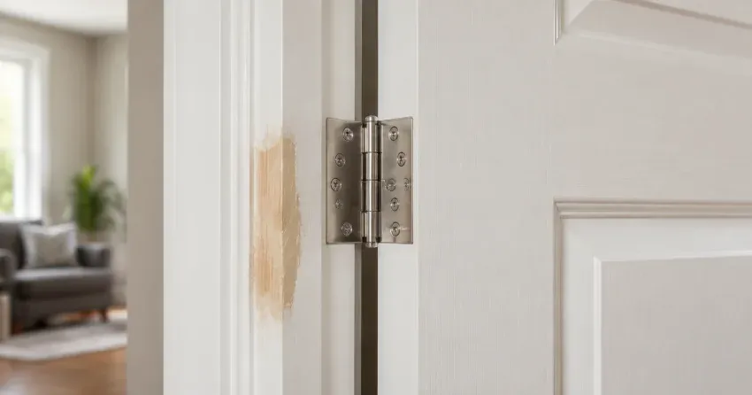 technician checking a warped door against a straightedge in Stevenson, Oshawa