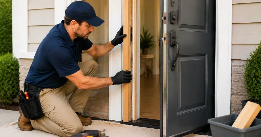 technician inspecting damaged door frame corner in Northwood, Oshawa