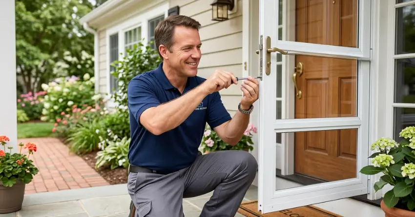 technician adjusting storm door hinge and closer in Eastdale, Oshawa
