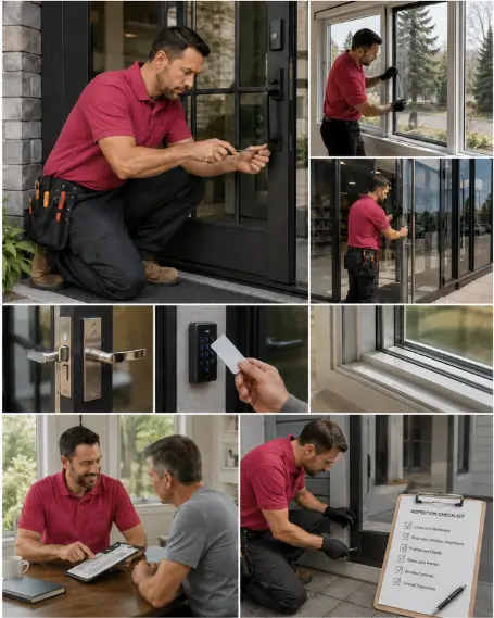 A technician measuring a door frame during an on-site assessment